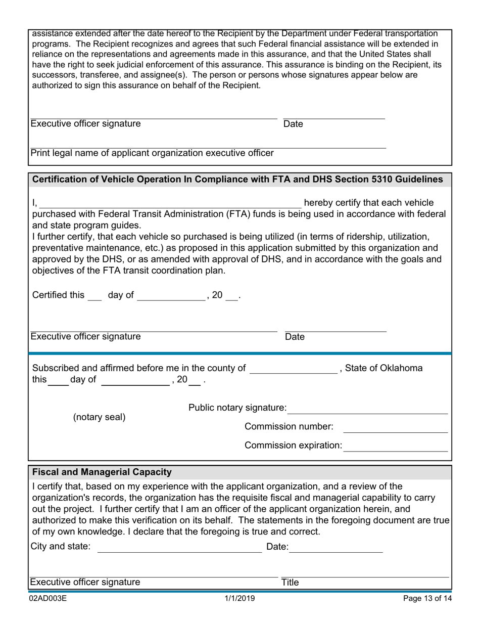 Form 02AD003E Section 5310 Capital Assistance Vehicle Application - Oklahoma, Page 13
