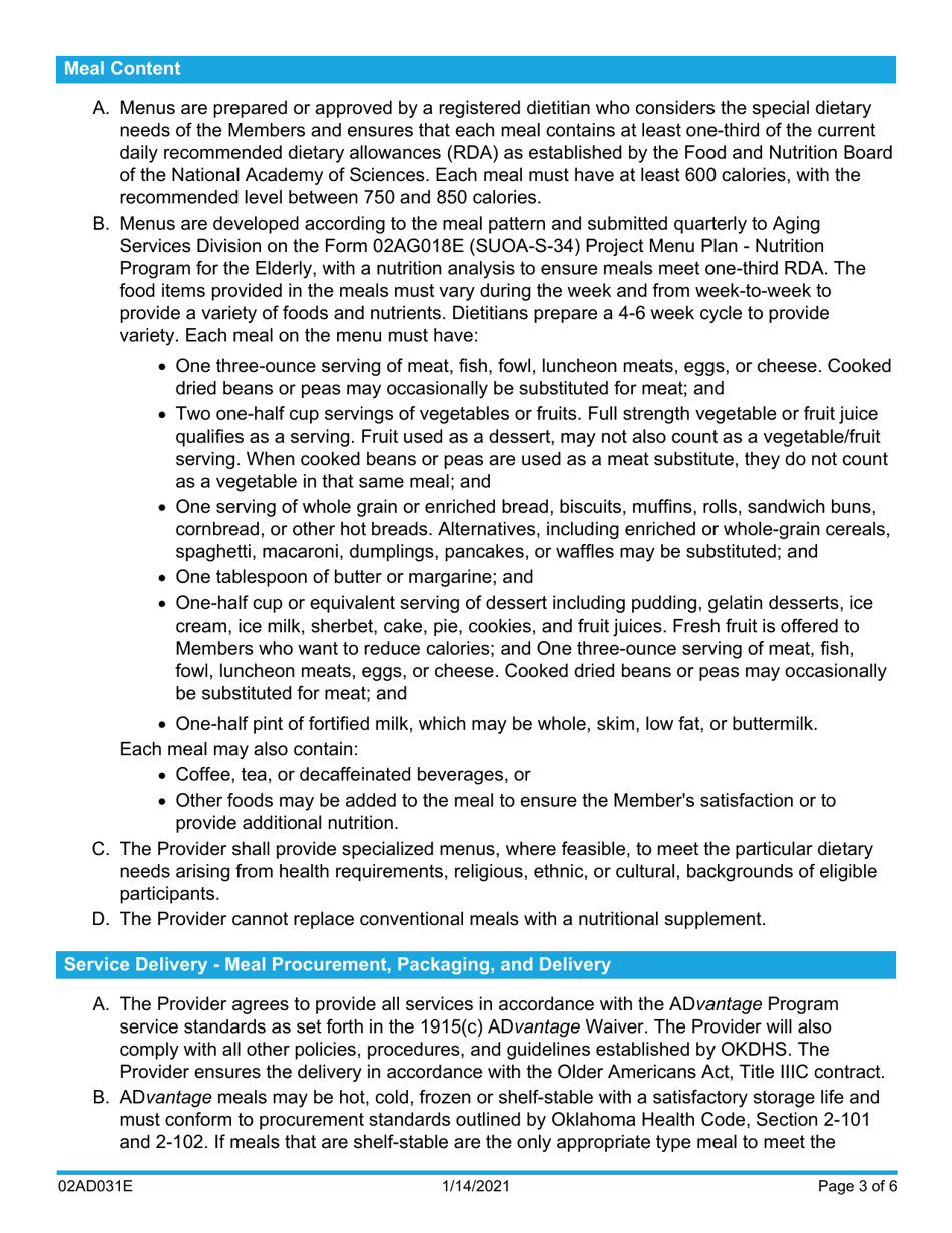 Form 02AD031E Home Delivered Meals Conditions of Provider Participation - Advantage Program - Oklahoma, Page 3