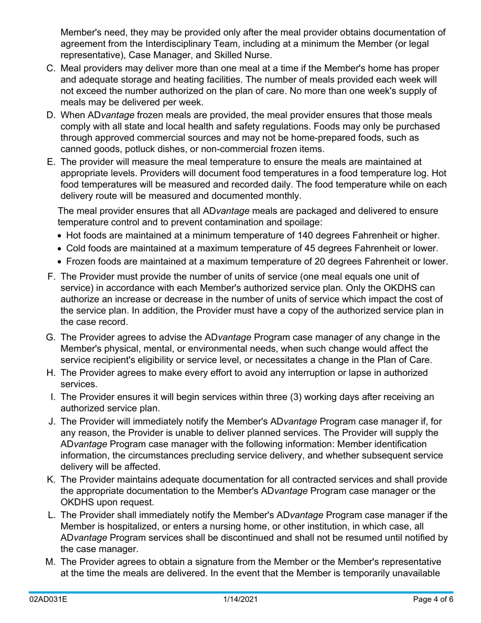 Form 02AD031E Home Delivered Meals Conditions of Provider Participation - Advantage Program - Oklahoma, Page 4