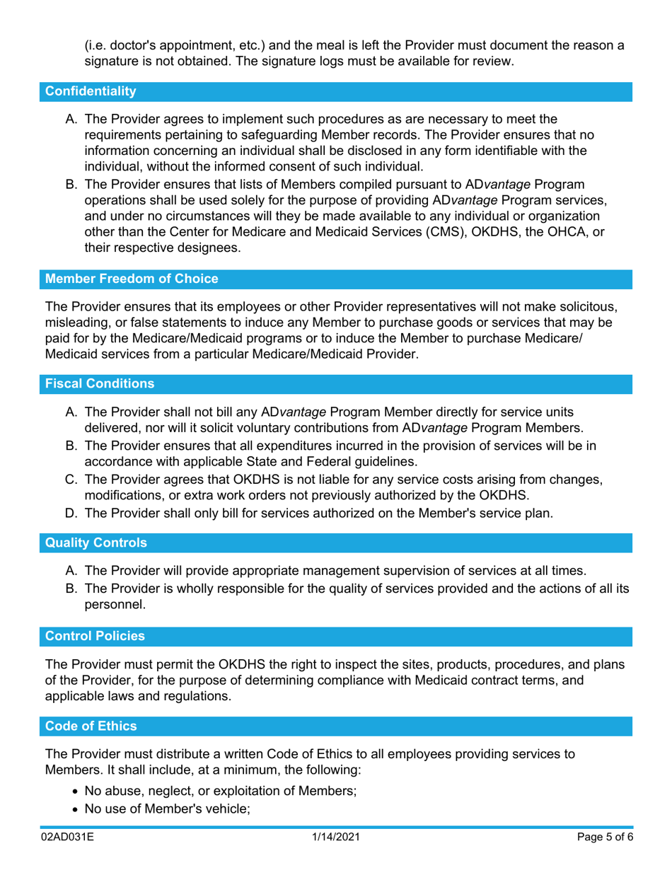 Form 02AD031E Home Delivered Meals Conditions of Provider Participation - Advantage Program - Oklahoma, Page 5