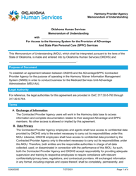 Document preview: Form 02AD020E Memorandum of Understanding for Access to the Harmony System for the Provision of Advantage and State Plan Personal Care (Sppc) Services - Oklahoma