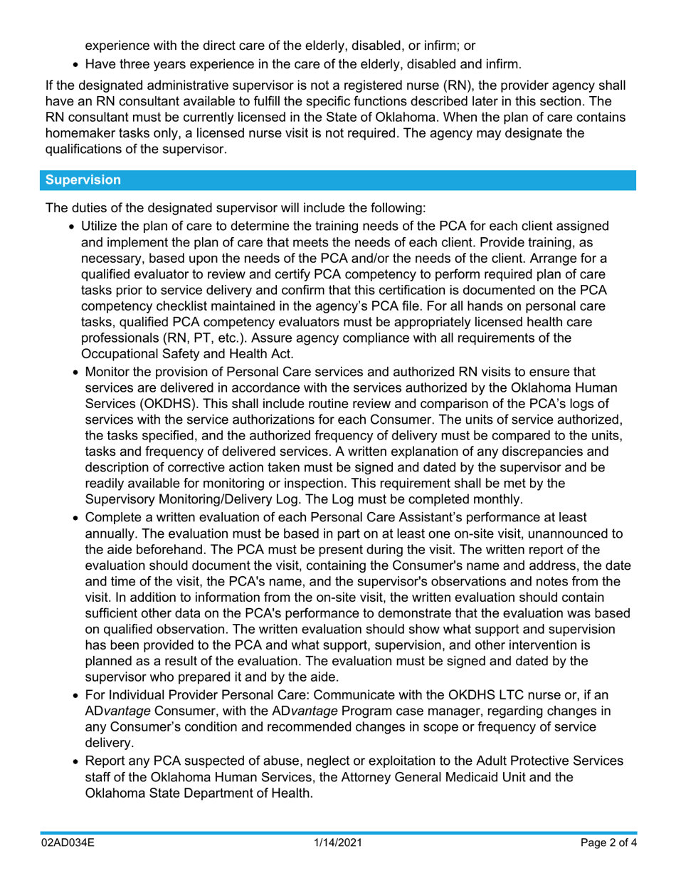 Form 02AD034E Medicaid State Plan Personal Care Service Standards - Oklahoma, Page 2