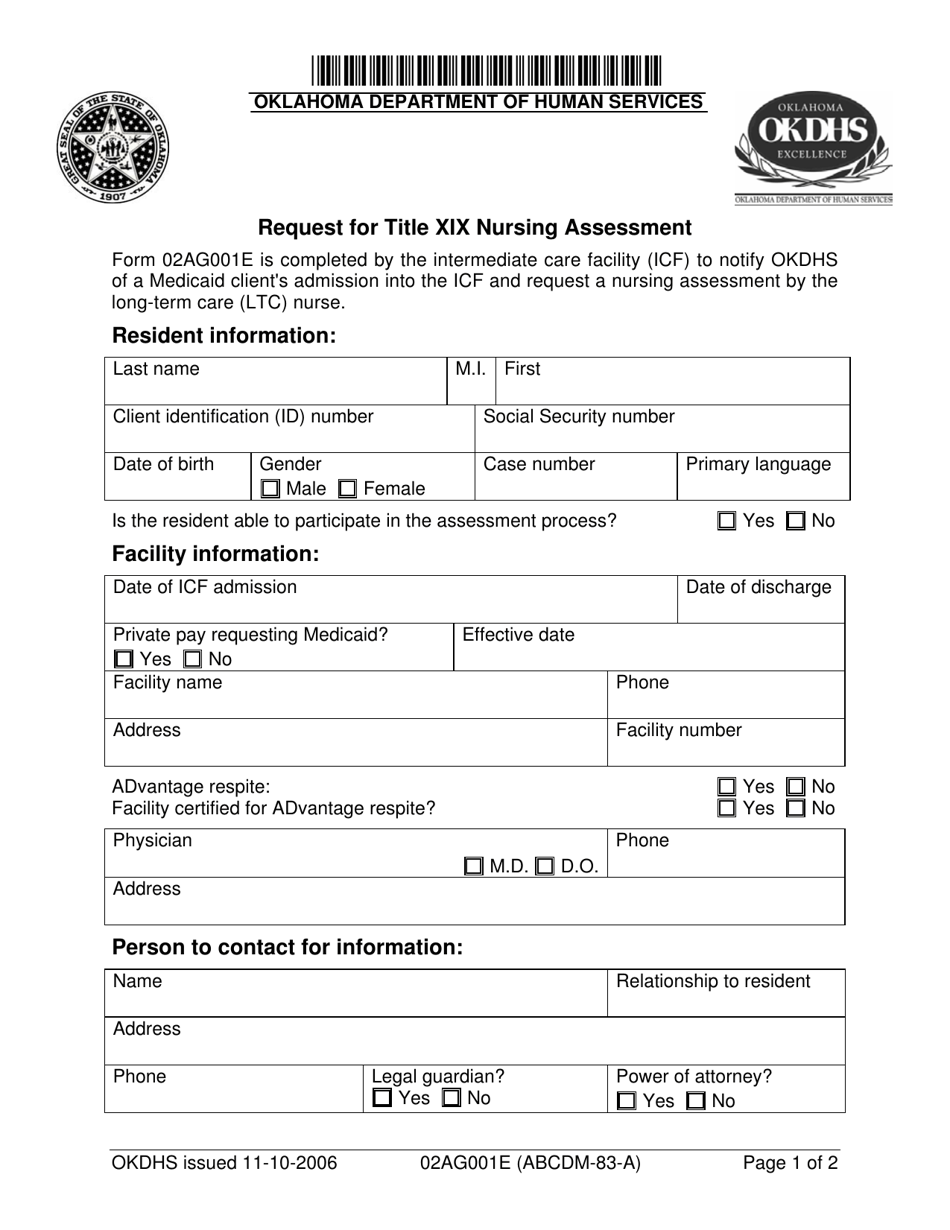 Form 02AG001E Request for Title Xix Nursing Assessment - Oklahoma, Page 1