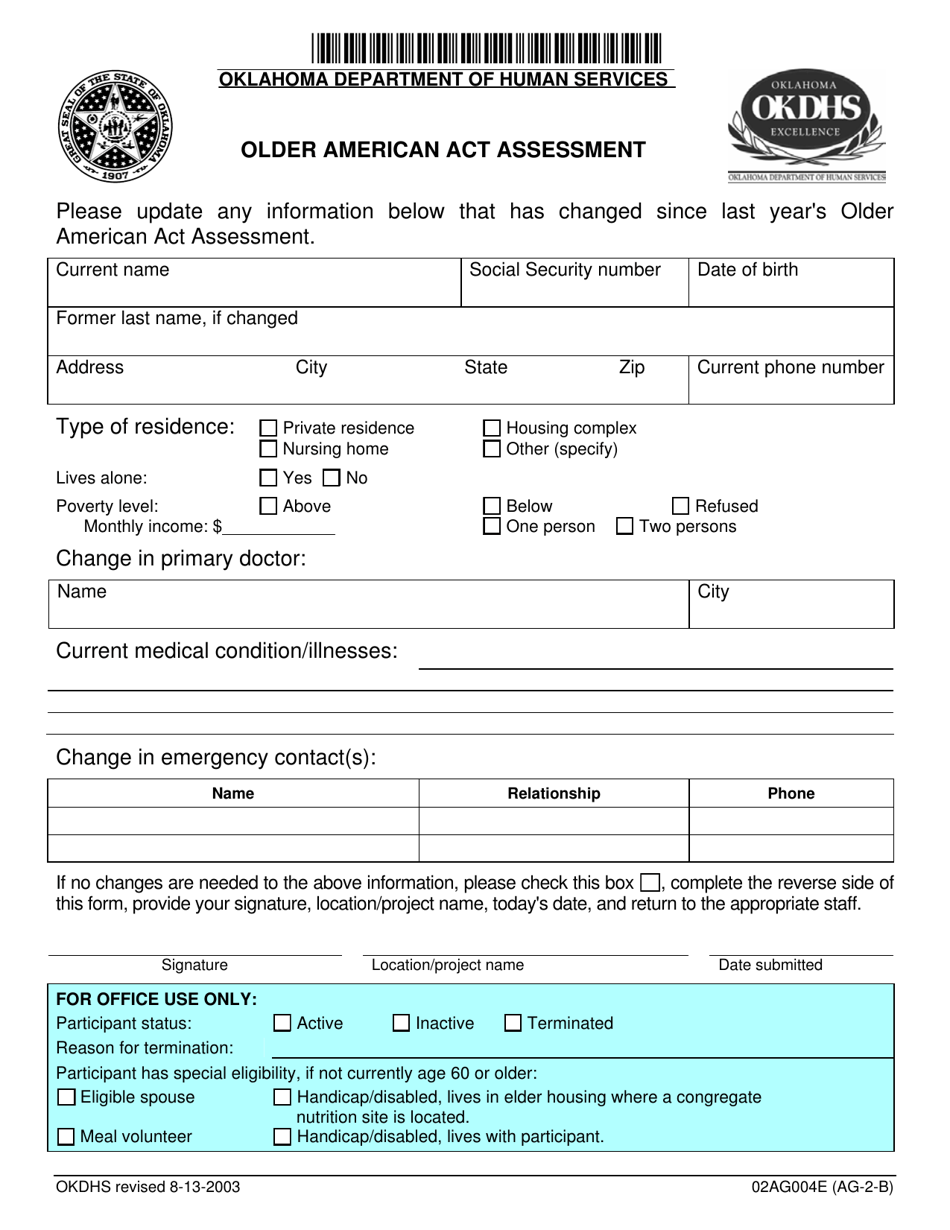 Form 02AG004E (AG-2-B) Older American Act Assessment - Oklahoma, Page 1