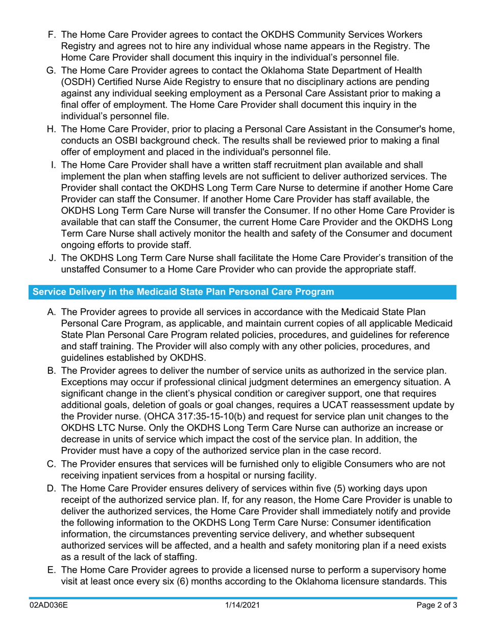 Form 02AD036E Amendment to the Conditions of Provider Participation for the Medicaid State Plan Personal Care Program - Oklahoma, Page 2