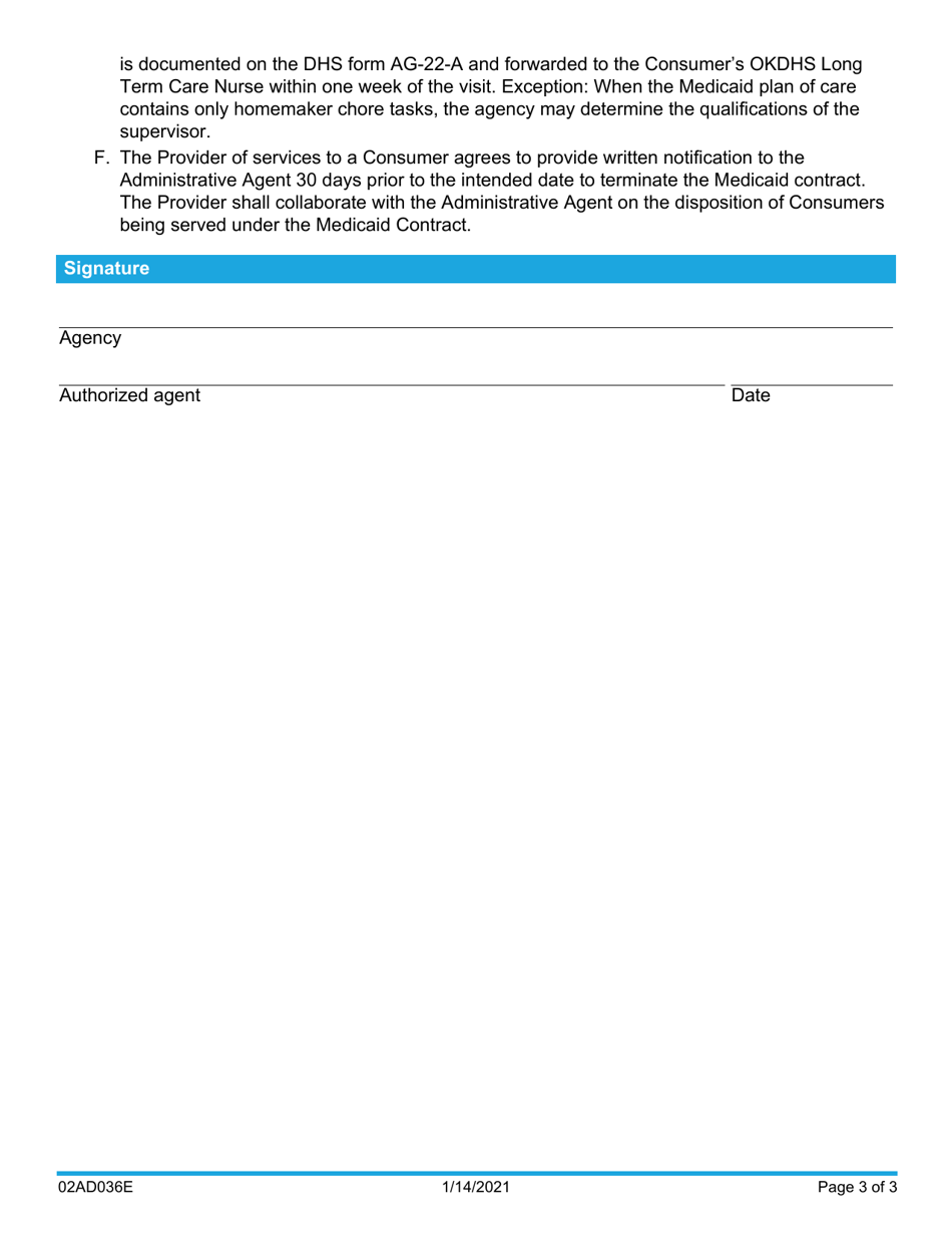 Form 02AD036E Amendment to the Conditions of Provider Participation for the Medicaid State Plan Personal Care Program - Oklahoma, Page 3