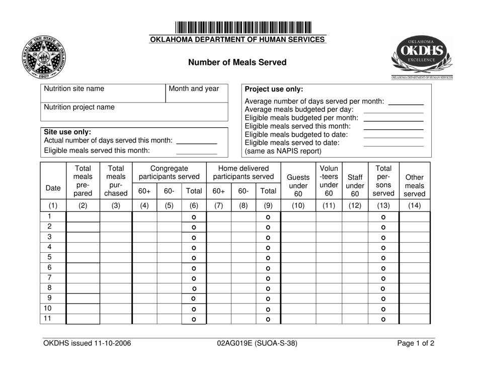 Form 02AG019E (SUOA-S-038) Number of Meals Served - Oklahoma, Page 1