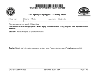 Form 02AG020E (SUOA-S-054) Area Agency on Aging (Aaa) Quarterly Report - Oklahoma