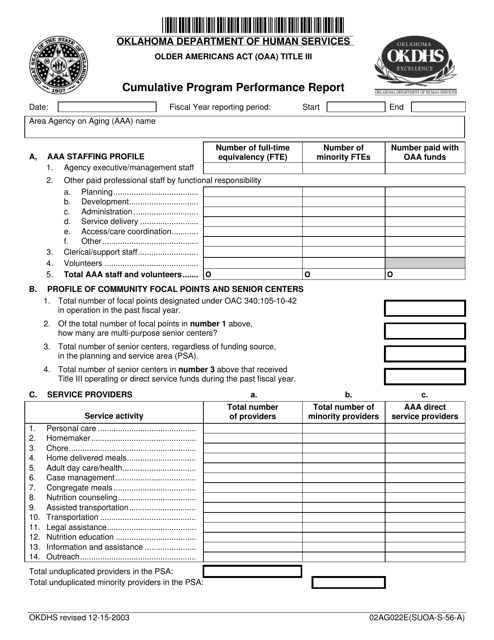 Form 02AG022E (SUOA-S-56-A) Cumulative Program Performance Report - Oklahoma
