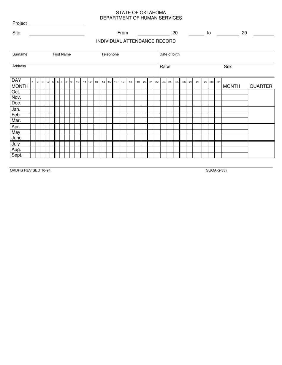 Form 02AG017E (SUOA-S-33) Individual Attendance Record - Oklahoma, Page 1