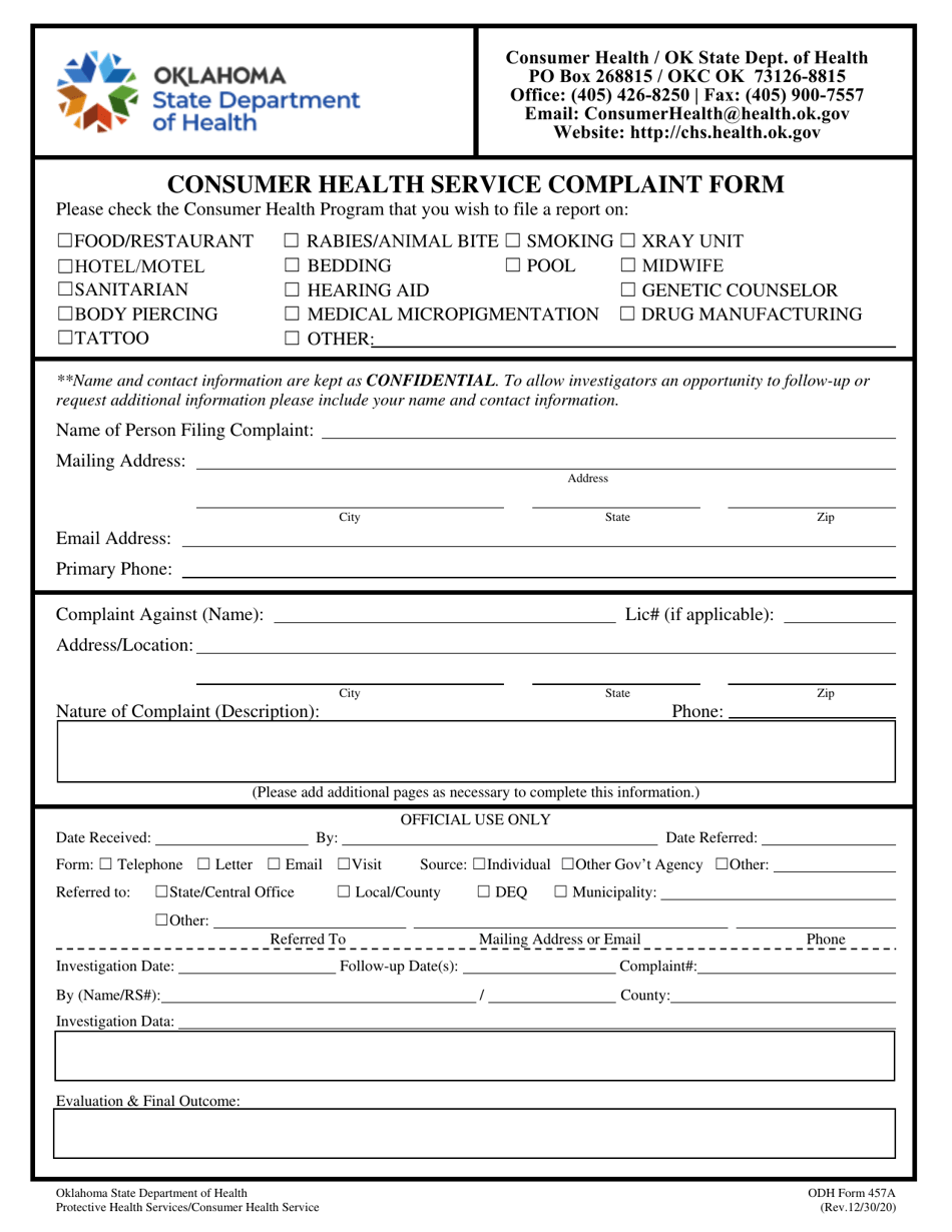 ODH Form 457A Consumer Health Service Complaint Form - Oklahoma, Page 1