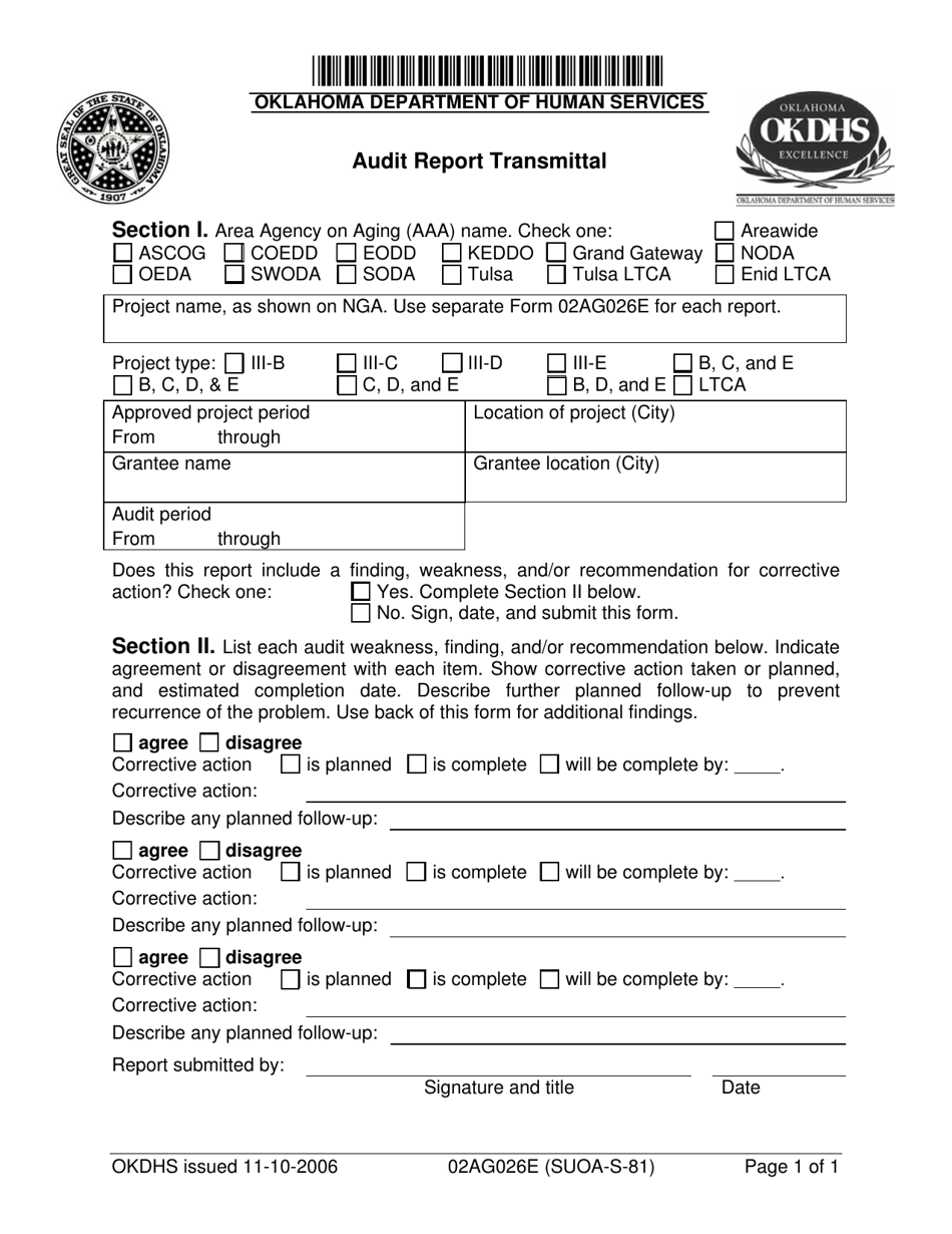 Form 02AG026E Audit Report Transmittal - Oklahoma, Page 1