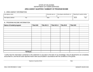 Document preview: Form 02AG027E (SUOA-S-084) Area Agency Quarterly Summary of Program Income - Oklahoma