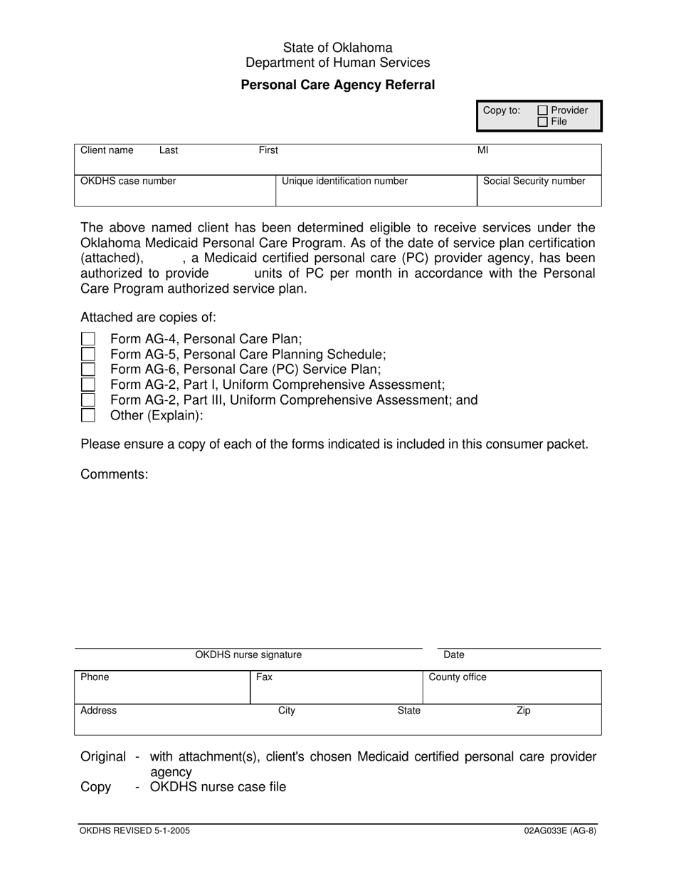 Form 02AG033E (AG-008) Personal Care Agency Referral - Oklahoma, Page 1