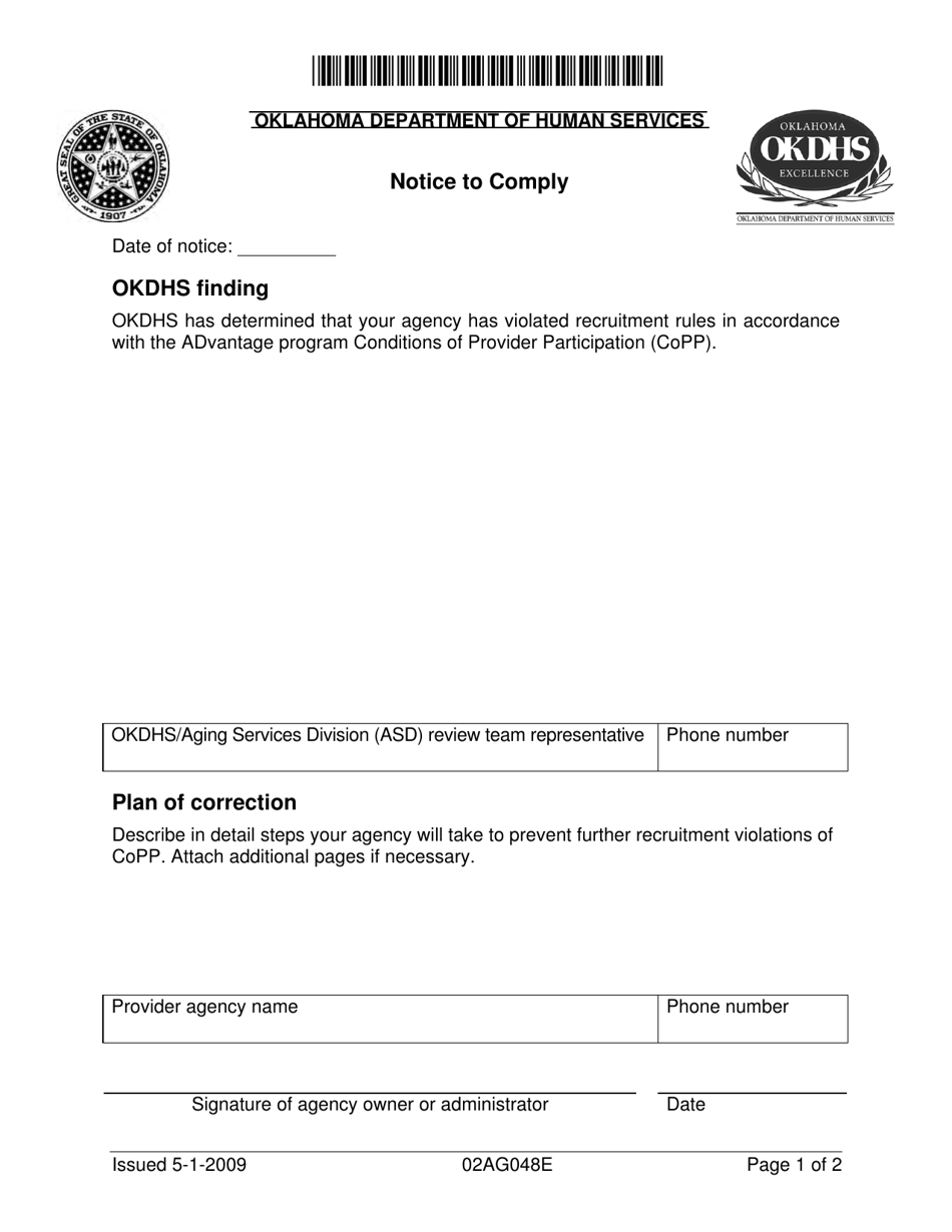 Form 02AG048E Notice to Comply - Oklahoma, Page 1