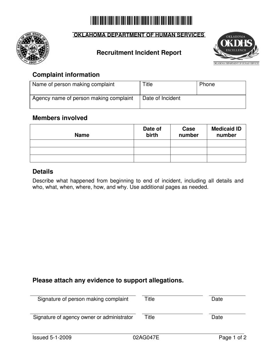 Form 02AG047E Recruitment Incident Report - Oklahoma, Page 1