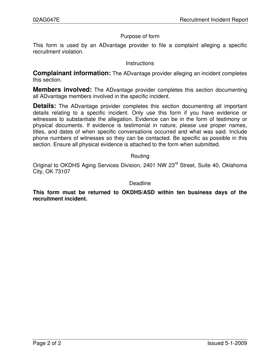 Form 02AG047E Recruitment Incident Report - Oklahoma, Page 2