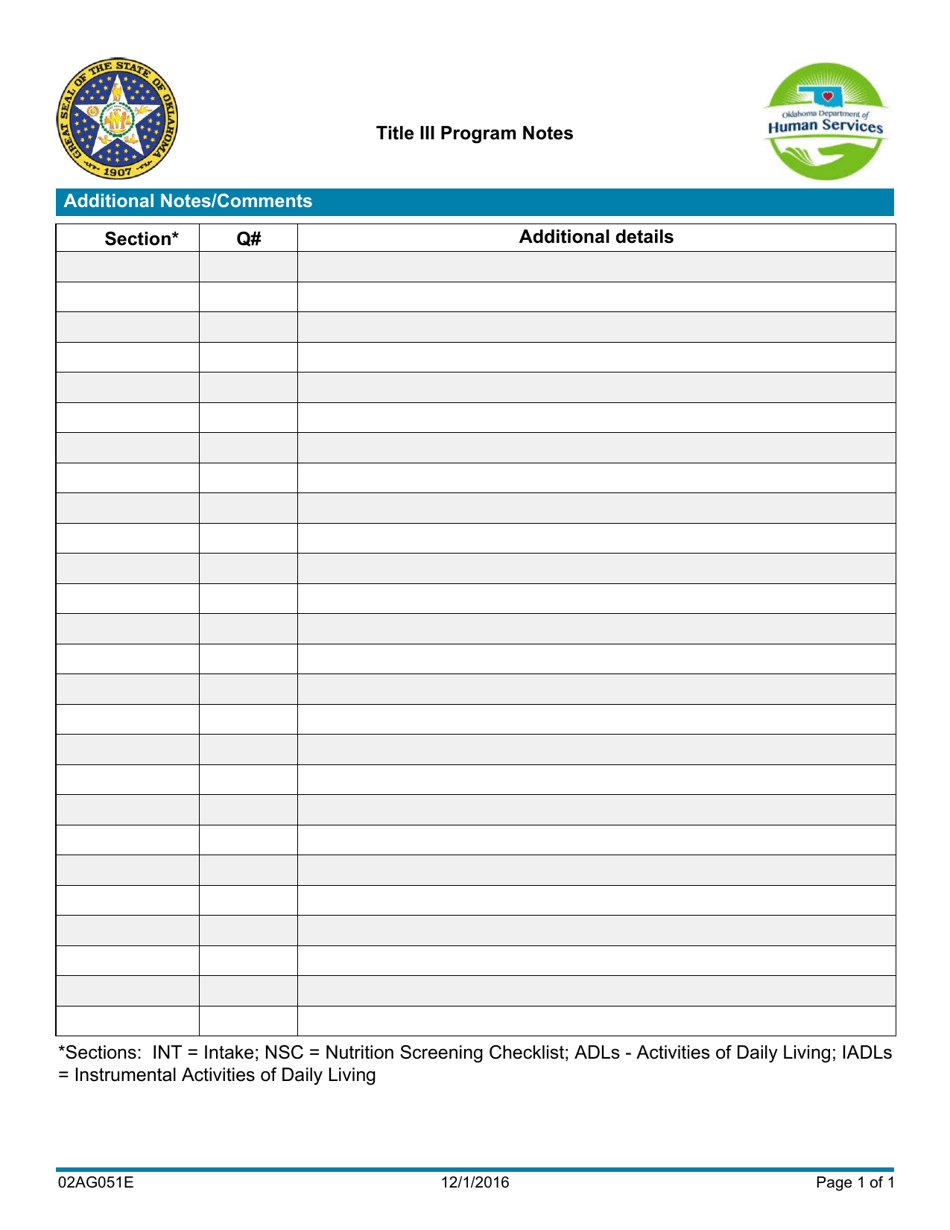 Form 02AG051E Title Iii Program Notes - Oklahoma, Page 1