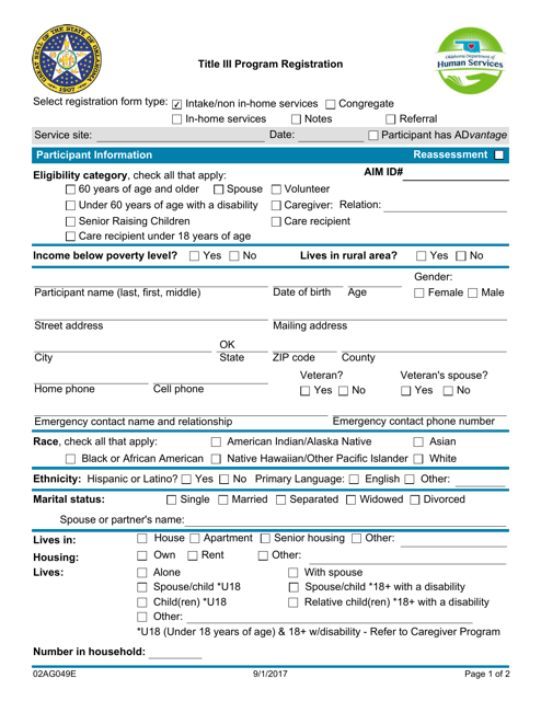 Form 02AG049E Title Iii Program Registration - Oklahoma