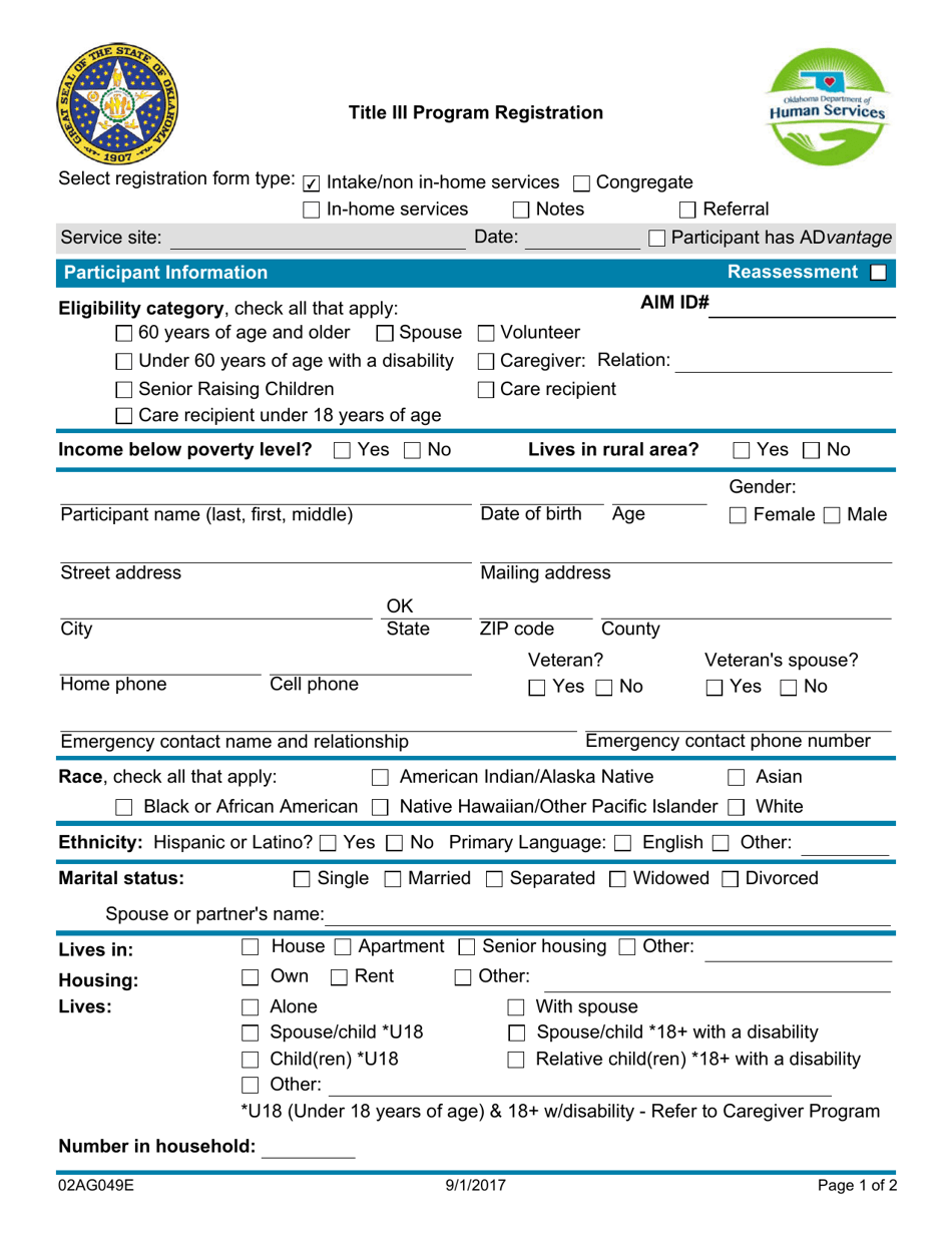 Form 02AG049E Title Iii Program Registration - Oklahoma, Page 1