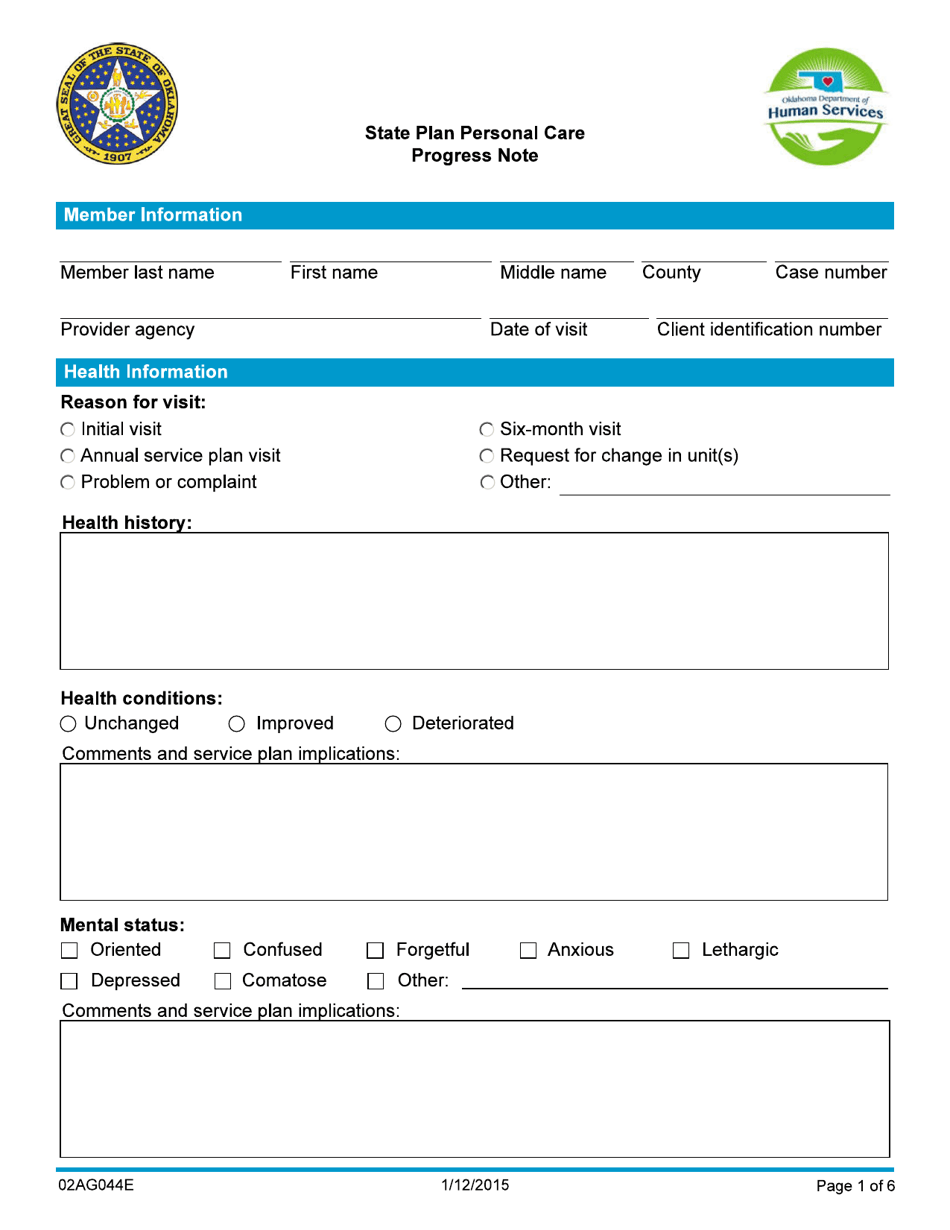 Form 02AG044E State Plan Personal Care Progress Note - Oklahoma, Page 1
