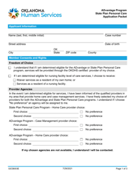 Document preview: Form 02CB003E State Plan Personal Care Application Packet - Advantage Program - Oklahoma
