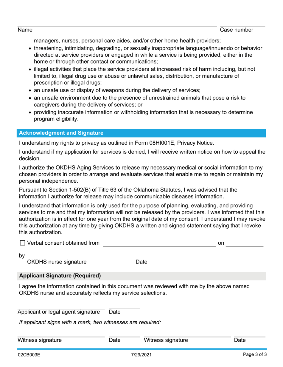 Form 02CB003E State Plan Personal Care Application Packet - Advantage Program - Oklahoma, Page 3