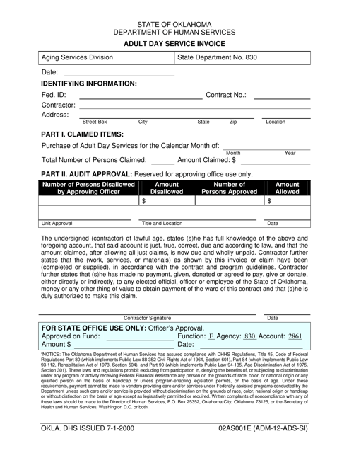 Form 02AS001E (ADM-12-ADS-SI) Adult Day Service Invoice - Oklahoma