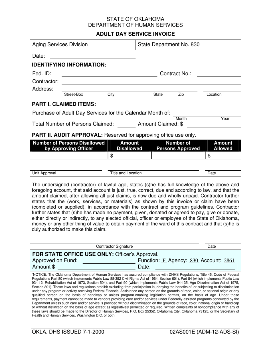 Form 02AS001E (ADM-12-ADS-SI) Adult Day Service Invoice - Oklahoma, Page 1