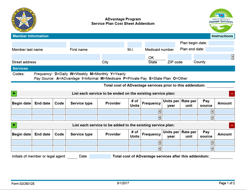 Form 02CB012E (ADv6E1) Service Plan Cost Sheet Addendum - Advantage Program - Oklahoma