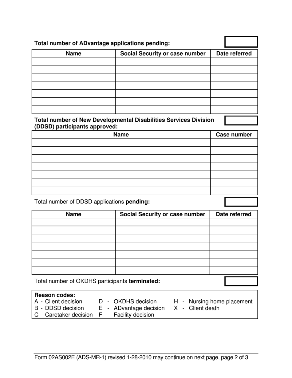 Form 02AS002E (ADS-MR-1) Adult Day Services Monthly Report - Oklahoma, Page 2