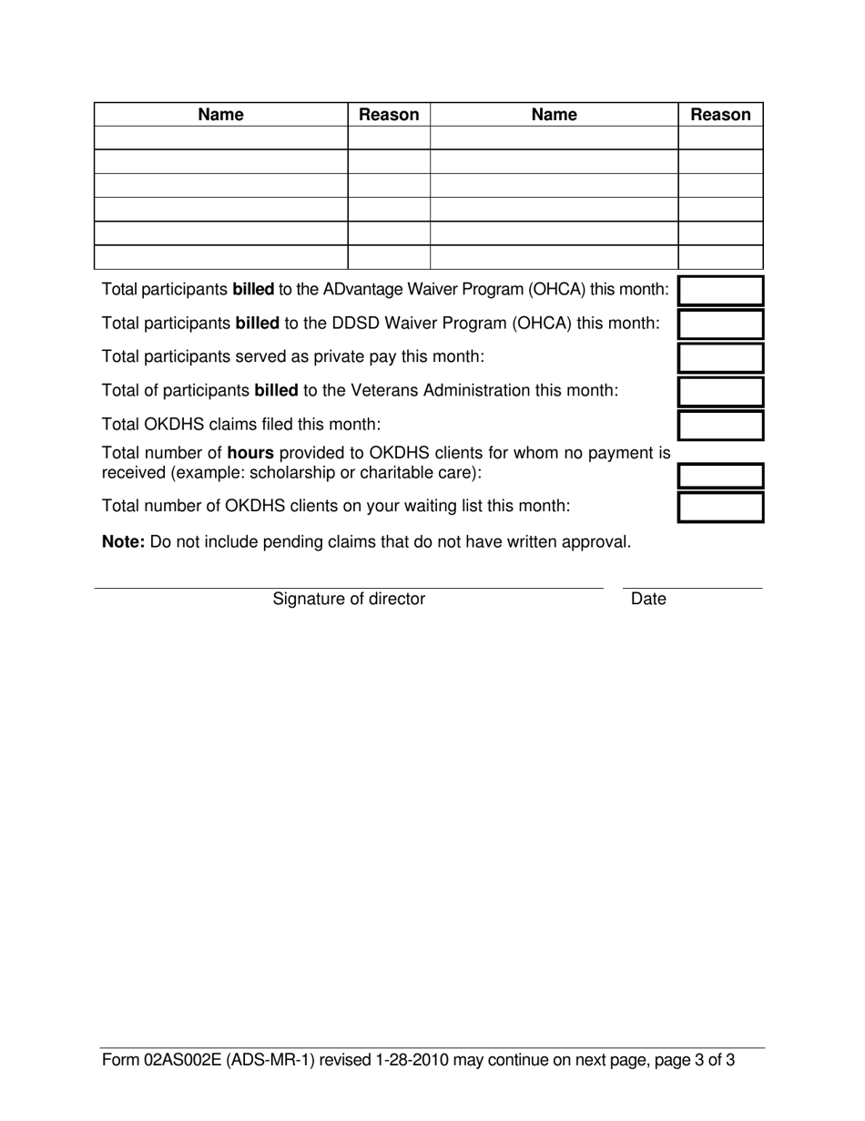Form 02AS002E (ADS-MR-1) Adult Day Services Monthly Report - Oklahoma, Page 3
