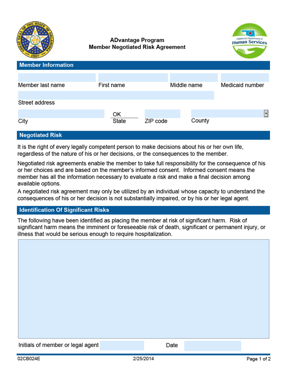 Form 02CB024E Member Negotiated Risk Agreement - Advantage Program - Oklahoma, Page 1