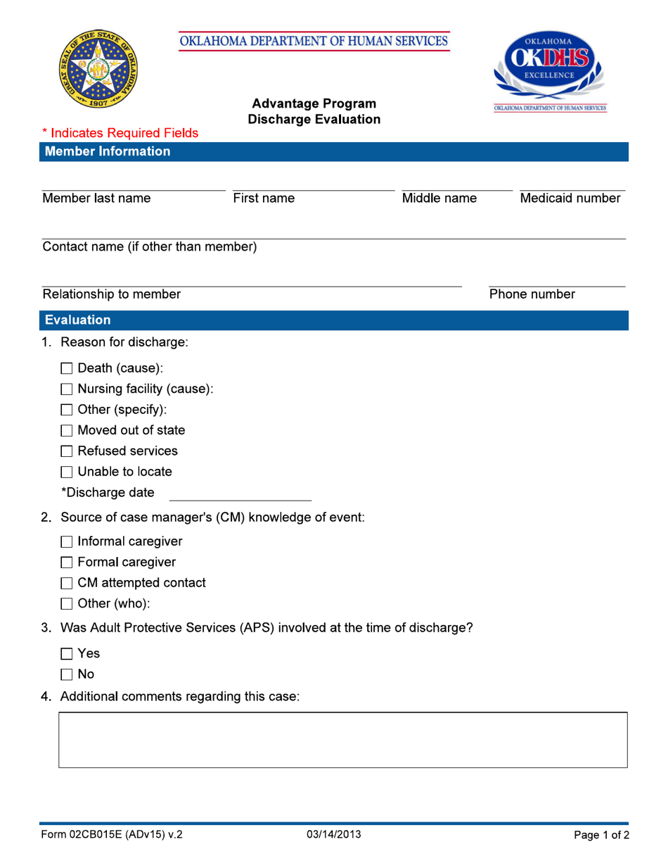 Form 02CB015E (ADv15) Discharge Evaluation - Advantage Program - Oklahoma, Page 1