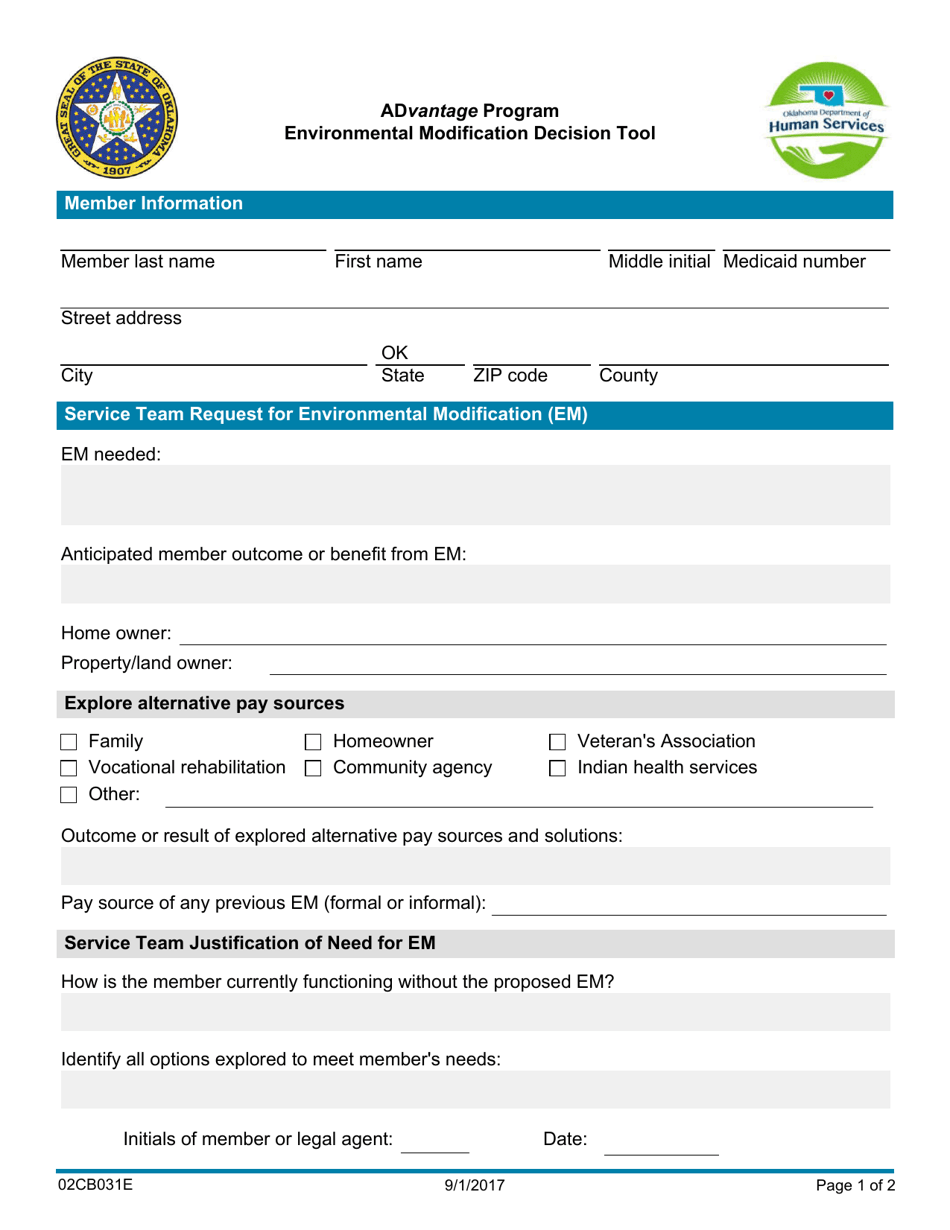 Form 02CB031E Environmental Modification Decision Tool - Advantage Program - Oklahoma, Page 1