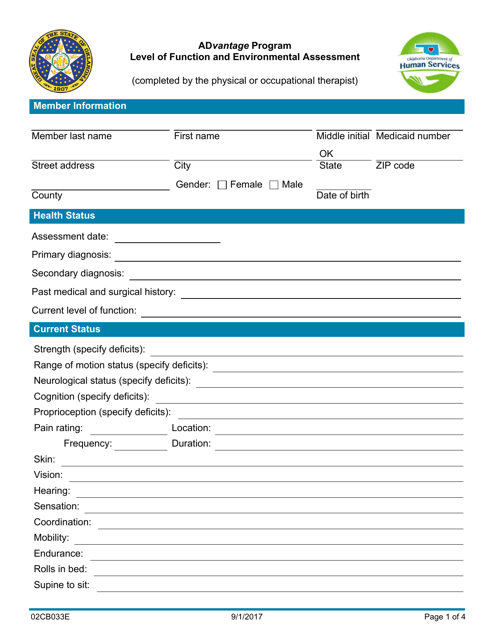Form 02CB033E Level of Function and Environmental Assessment - Advantage Program - Oklahoma