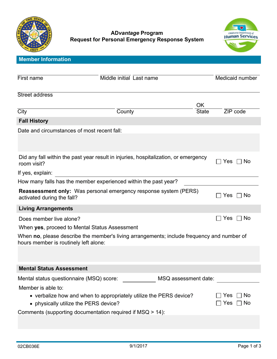 Form 02CB036E Request for Personal Emergency Response System - Advantage Program - Oklahoma, Page 1