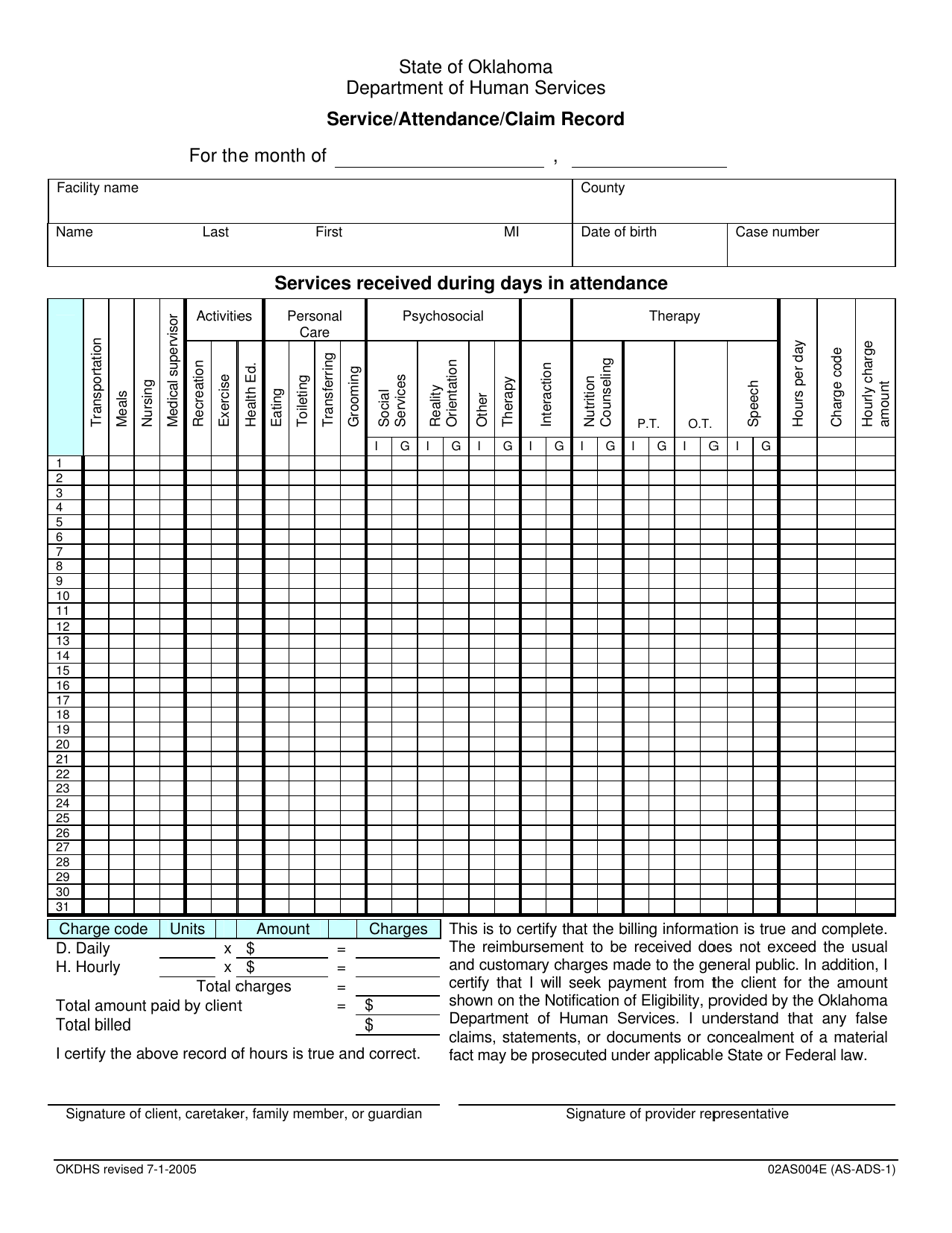 Form 02AS004E (AS-ADS-1) Service / Attendance / Claim Record - Oklahoma, Page 1