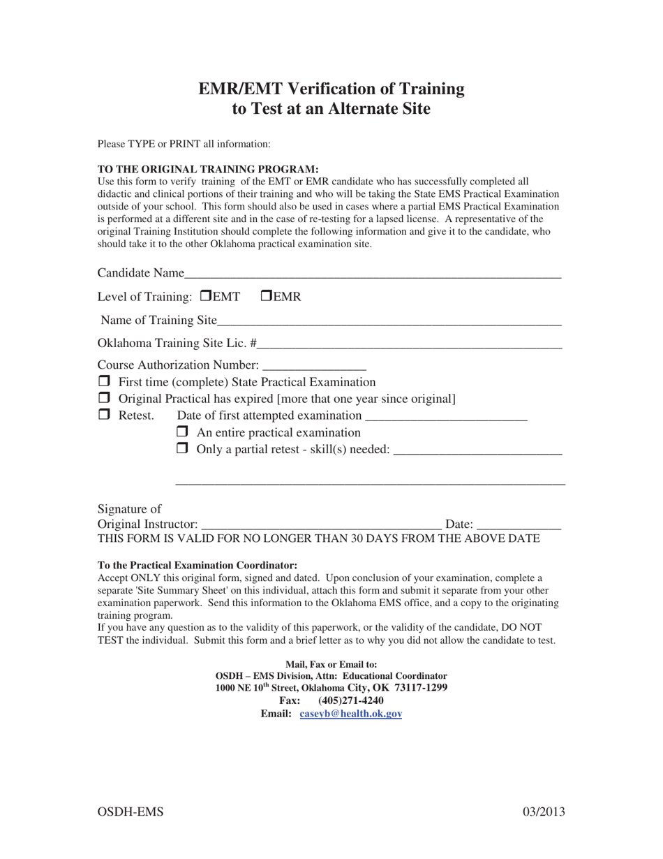 Oklahoma Emr/Emt Verification of Training to Test at an Alternate Site ...