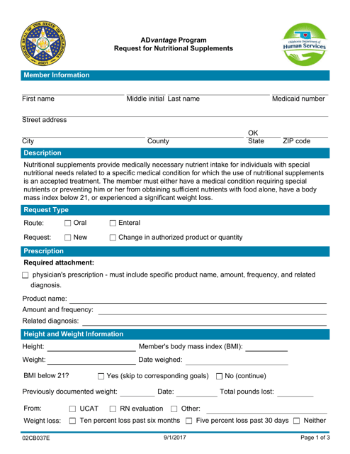 Form 02CB037E Request for Nutritional Supplements - Advantage Program - Oklahoma