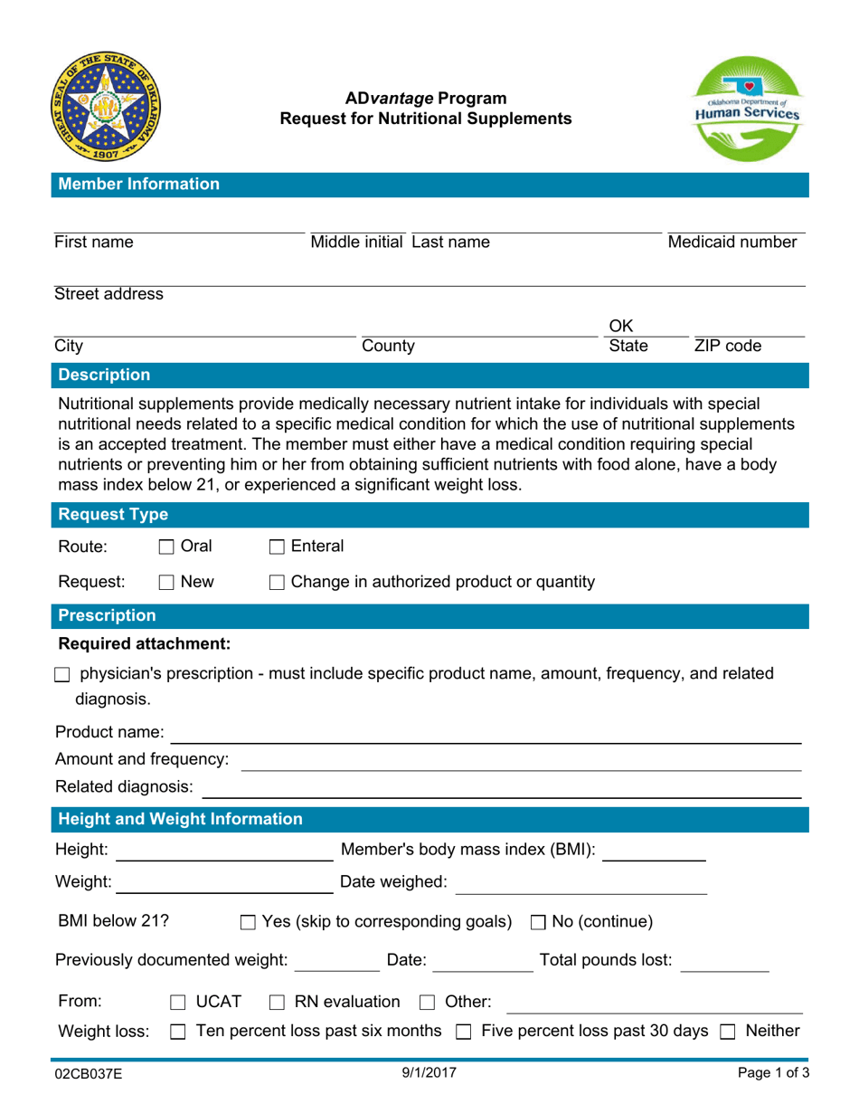 Form 02CB037E Request for Nutritional Supplements - Advantage Program - Oklahoma, Page 1