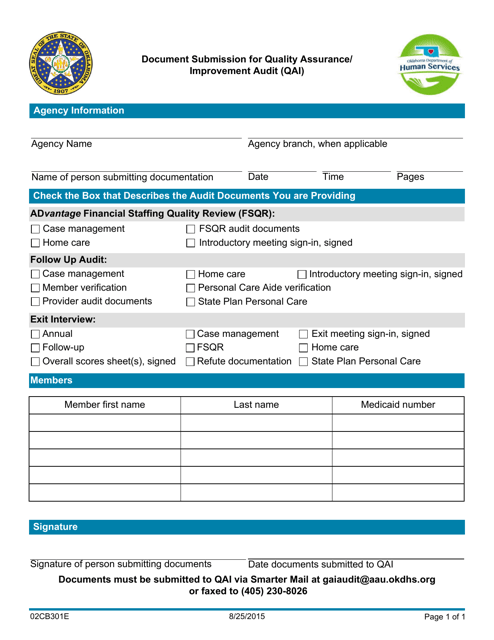 Form 02CB301E Document Submission for Quality Assurance/Improvement Audit (Qai) - Oklahoma
