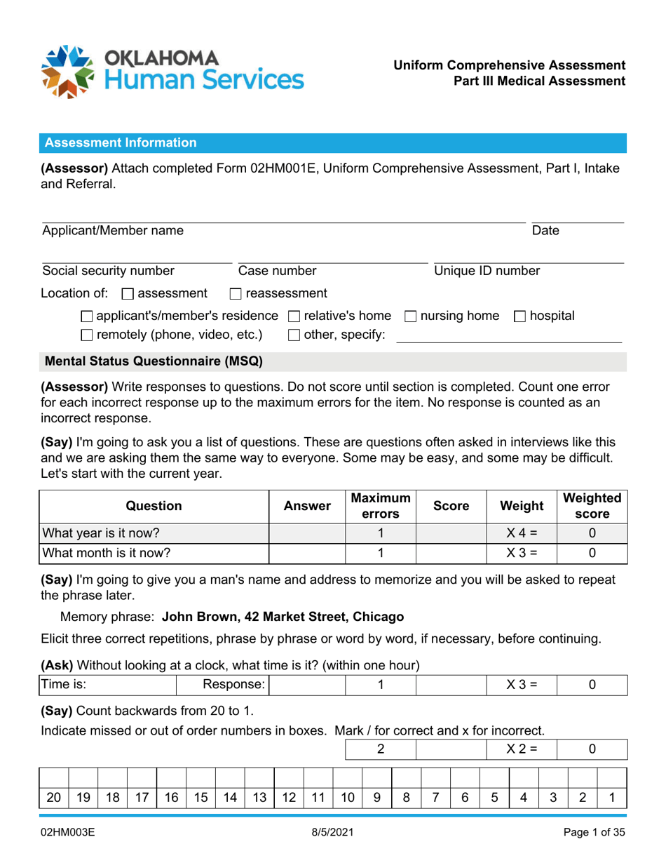Form 02HM003E (AG-003) Part III Uniform Comprehensive Assessment - Medical Assessment - Oklahoma, Page 1