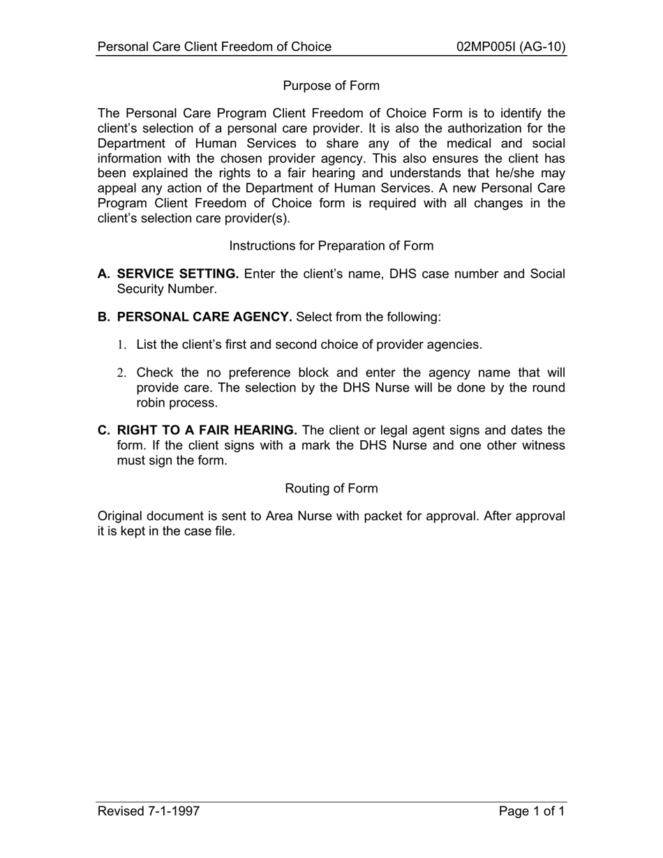 Instructions for Form 02MP005E, AG-10 Personal Care Client Freedom of Choice - Oklahoma, Page 1