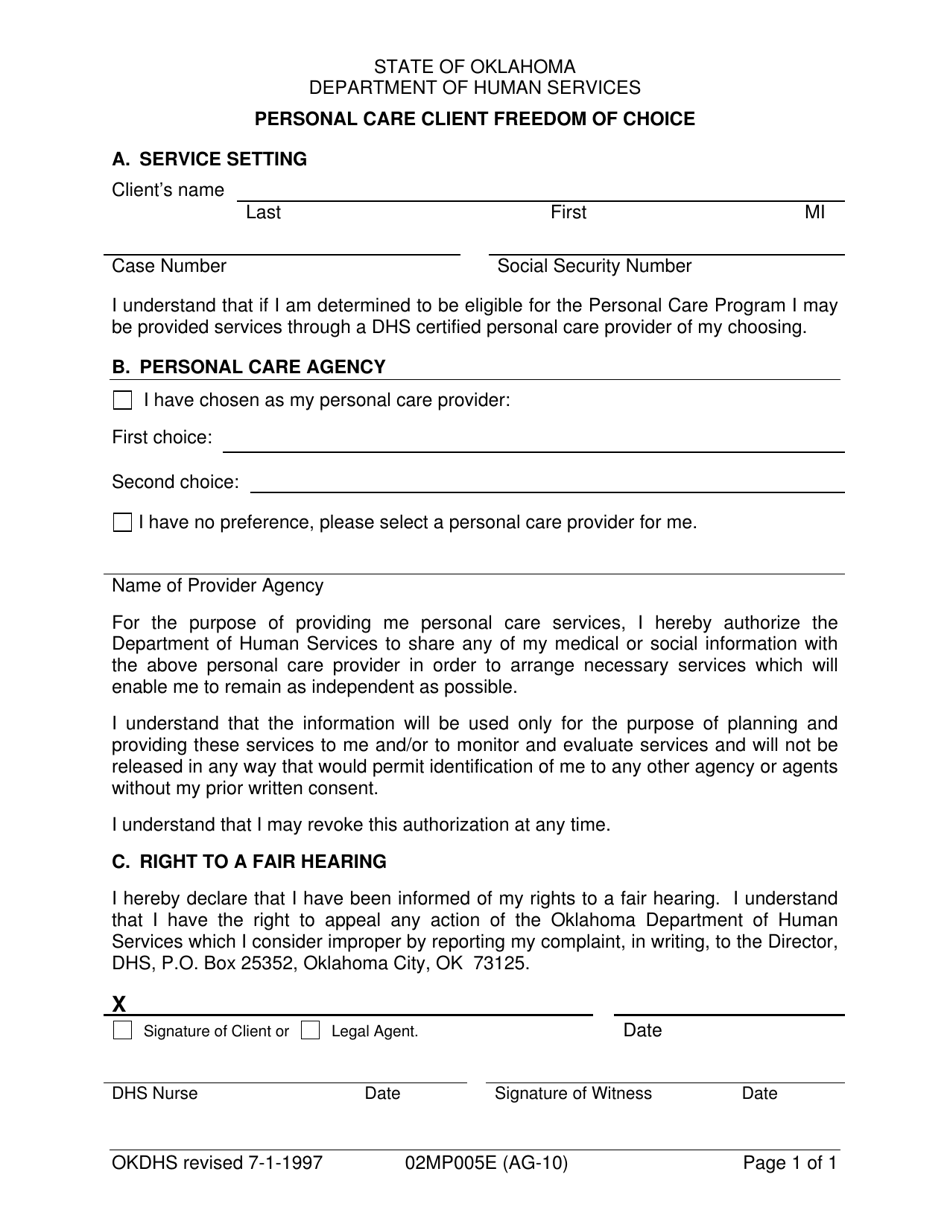 Form 02MP005E (AG-10) Personal Care Client Freedom of Choice - Oklahoma, Page 1