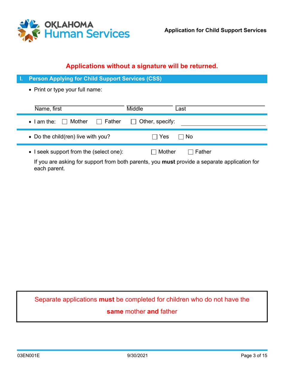 Form 03EN001E (CSED-1) Application for Child Support Services - Oklahoma, Page 3