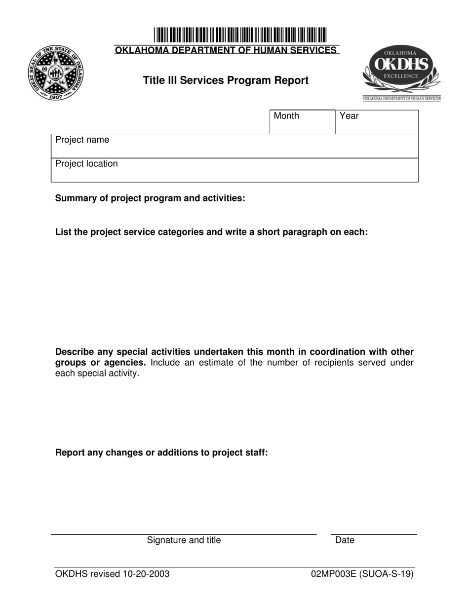 Form 02MP003E (SUOA-S-19) Title Iii Services Program Report - Oklahoma, Page 1