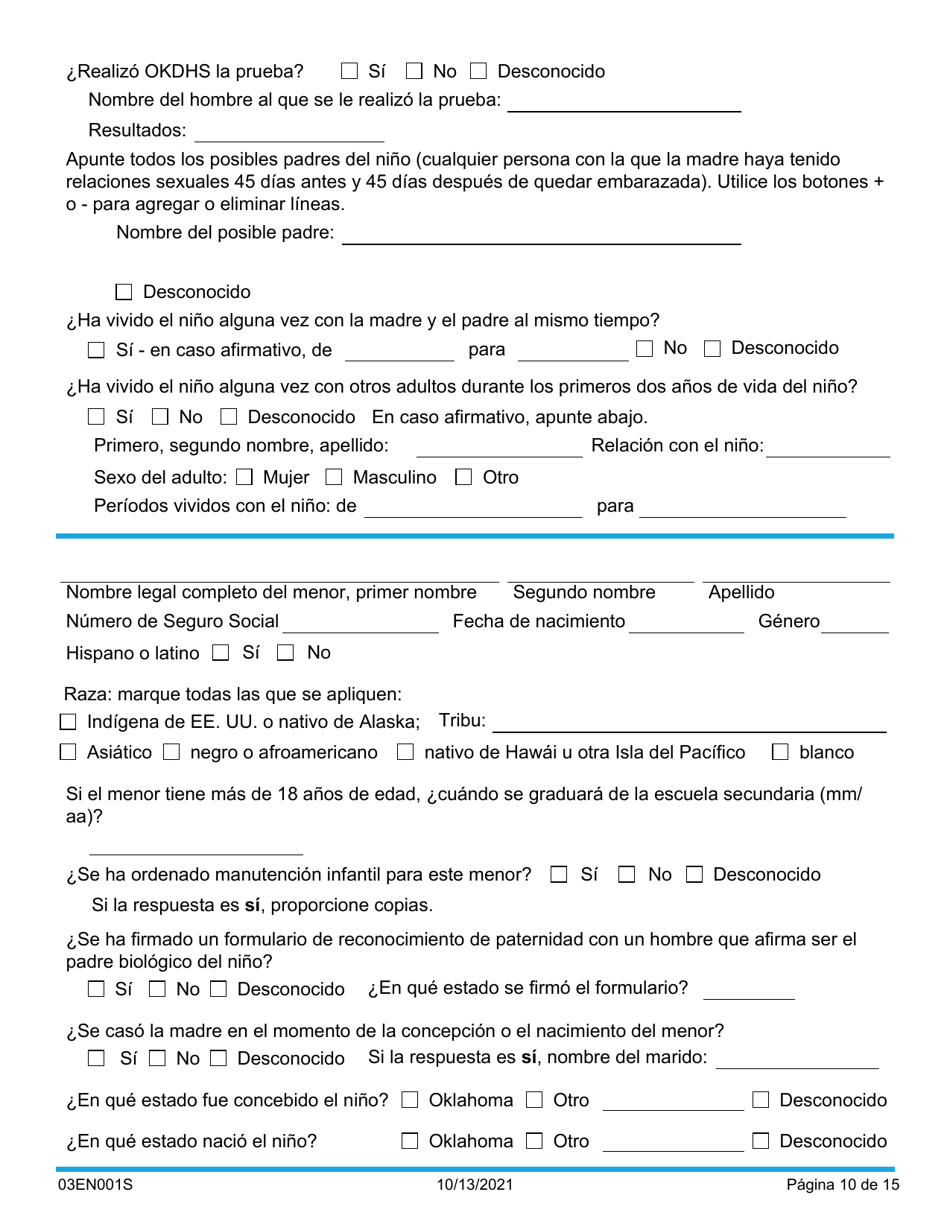 Formulario 03EN001S (CSED-1-SV) Servicios Y Responsabilidades De La Manutencion Infantil - Oklahoma (Spanish), Page 10