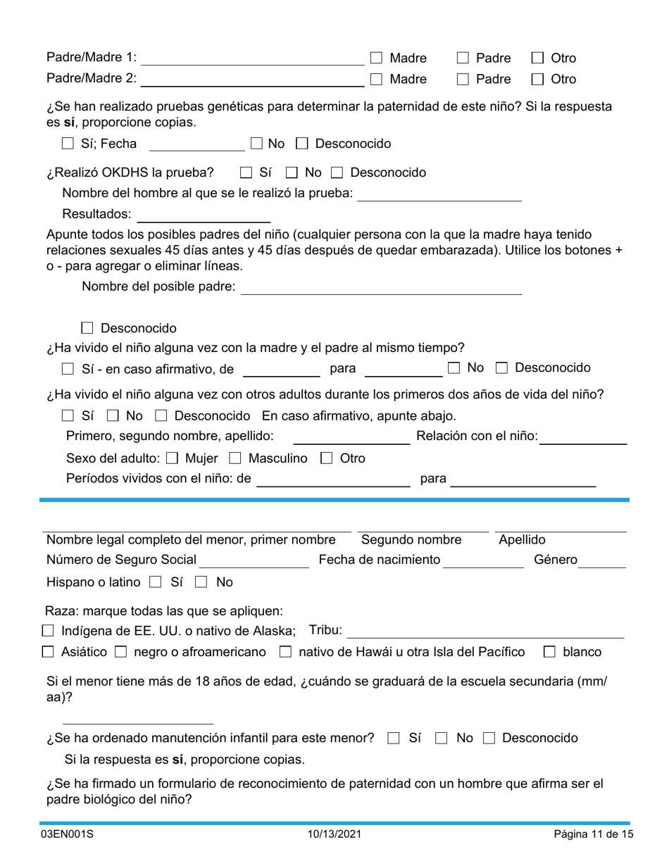 Formulario 03EN001S (CSED-1-SV) Servicios Y Responsabilidades De La Manutencion Infantil - Oklahoma (Spanish), Page 11