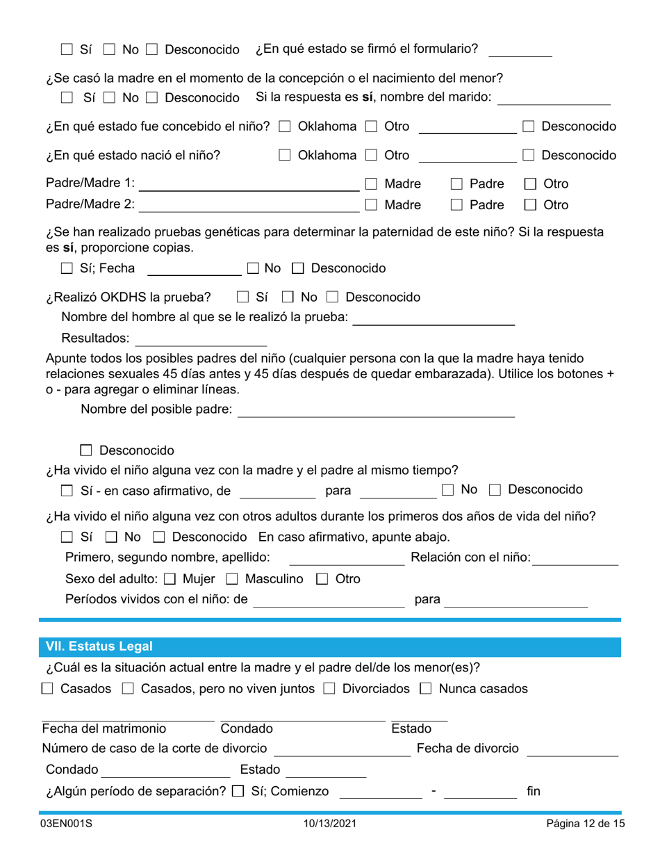 Formulario 03EN001S (CSED-1-SV) Servicios Y Responsabilidades De La Manutencion Infantil - Oklahoma (Spanish), Page 12
